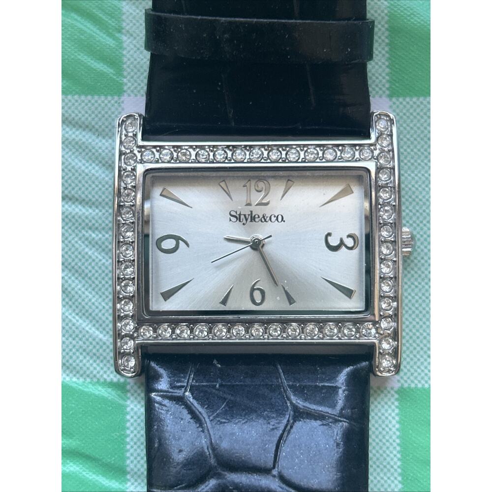 Style & Co Silver Tone Rhinestone Bezel Leather Band Womens Quartz Watch